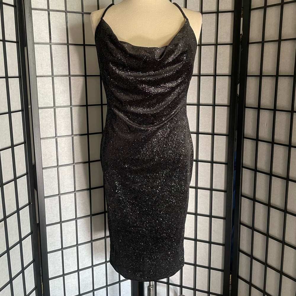 Sexy woman's black velvet rainbow sparkle midi cocktail dress size Large